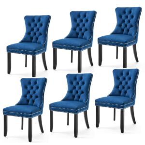 NNEDSZ 6x Velvet Dining Chairs Upholstered Tufted Kithcen Chair with Solid Wood Legs Stud Trim and Ring-Blue